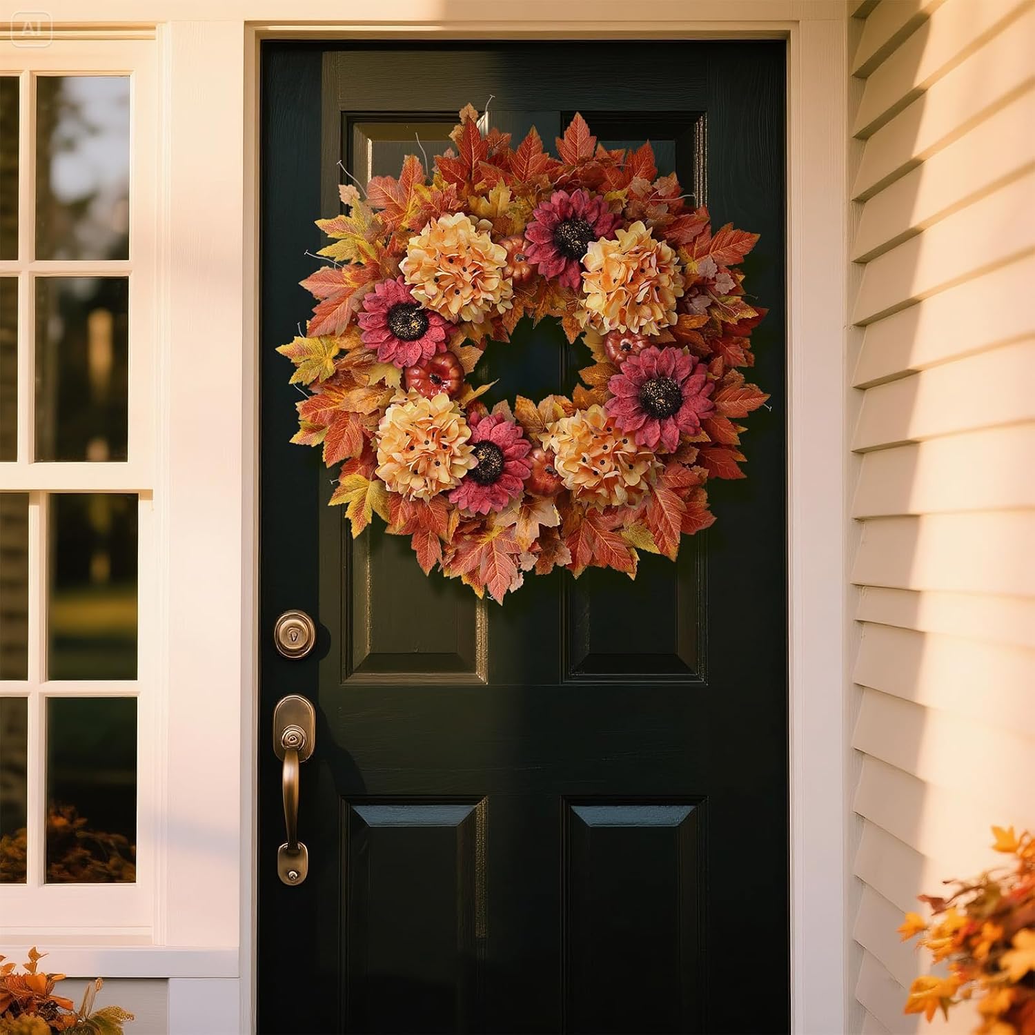 28'' Large Fall Wreath for Front Door, Porch, Window- Artificial Maple Leaves Faux Sunflower