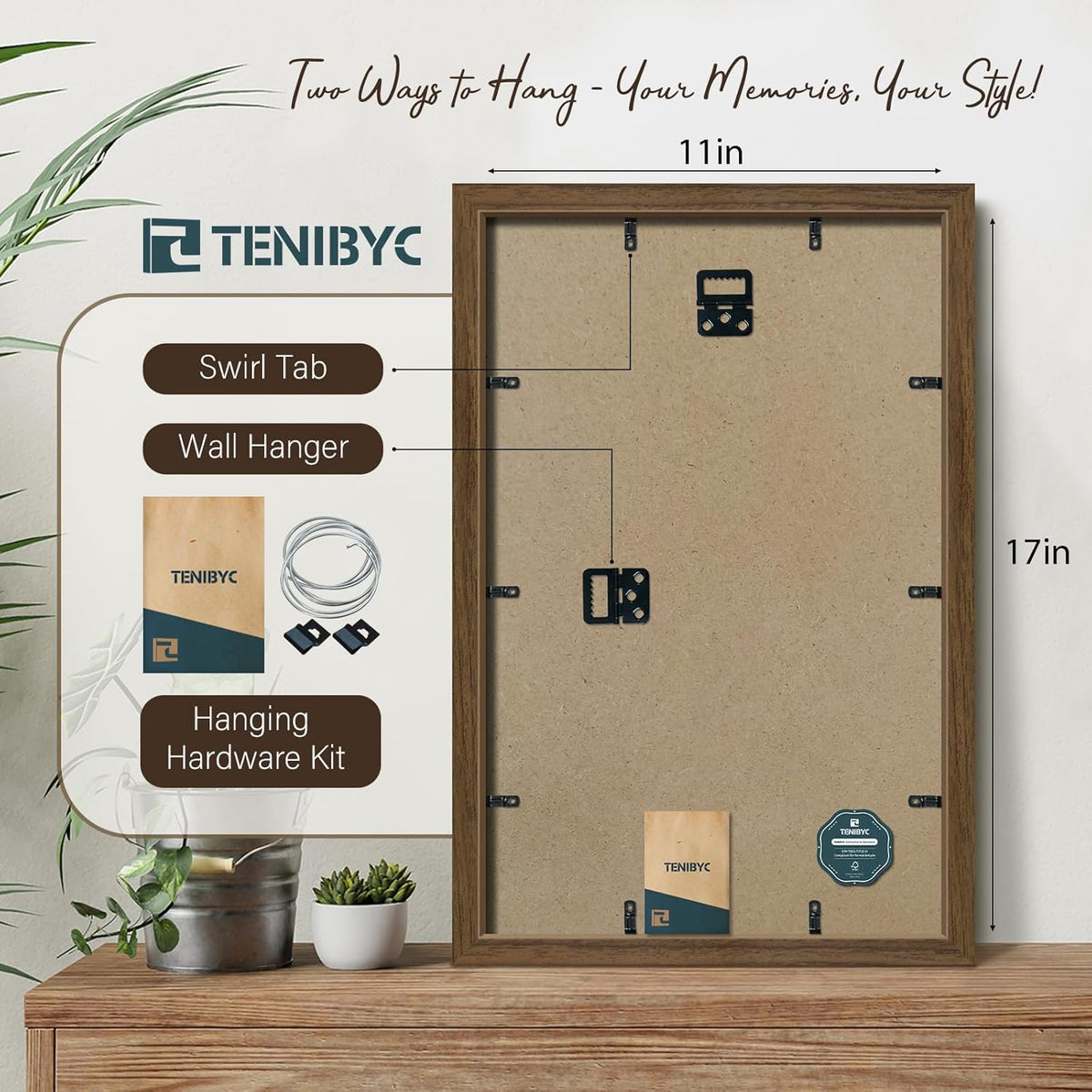 11x17 Picture Frame 3 Pack - Brown Woodgrain, Wood Photo Frame, HD Tempered Glass, Wall Gallery