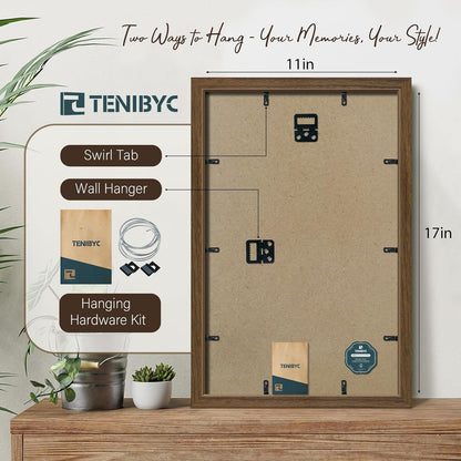 11x17 Picture Frame 3 Pack - Brown Woodgrain, Wood Photo Frame, HD Tempered Glass, Wall Gallery