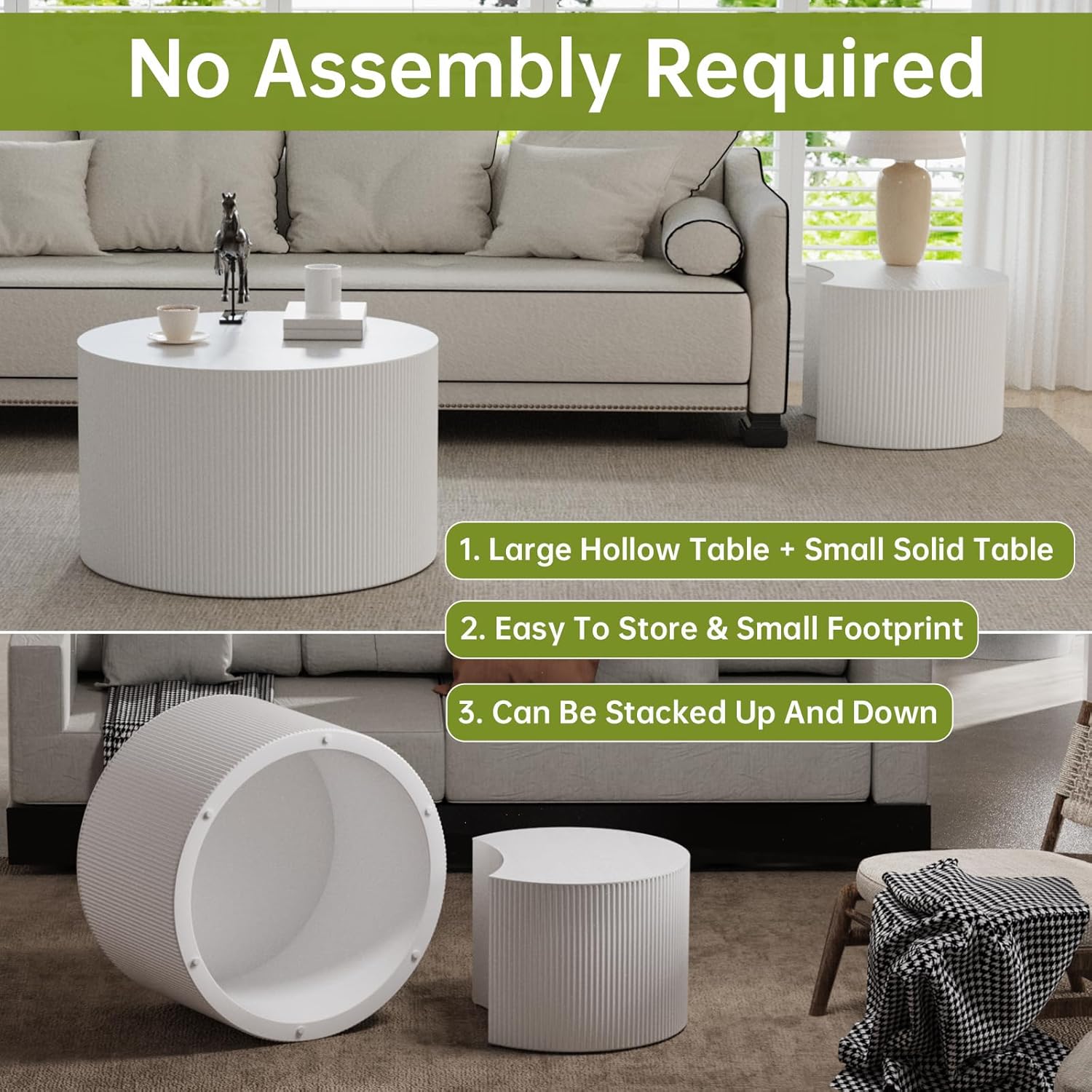Round Nesting Coffee Table Modern White Fluted Coffee Table Set of 2 for Living Room Circle Drum