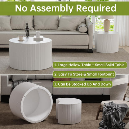 Round Nesting Coffee Table Modern White Fluted Coffee Table Set of 2 for Living Room Circle Drum
