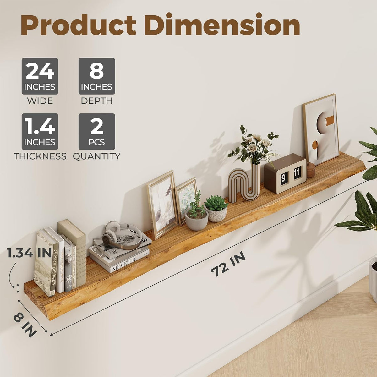 Axeman 72 inch Extra Long Floating Shelves for Wall - 8'' D Live Edge Rustic Solid Elm Wood