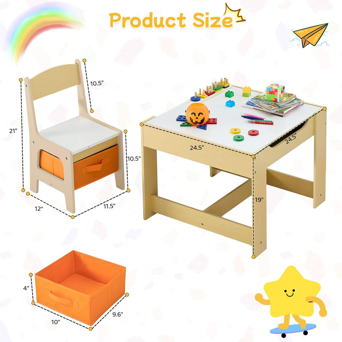 Kids Table and Chair Set, 3 in 1 Wooden Activity Table with Detachable Tabletop, Toddler Table and