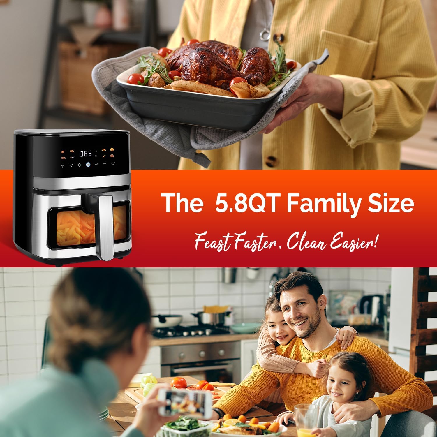 5.8QT Digital Air Fryer with Viewable Window, Adjust Temp & Timer, Air Frying, Reheat, Easy for