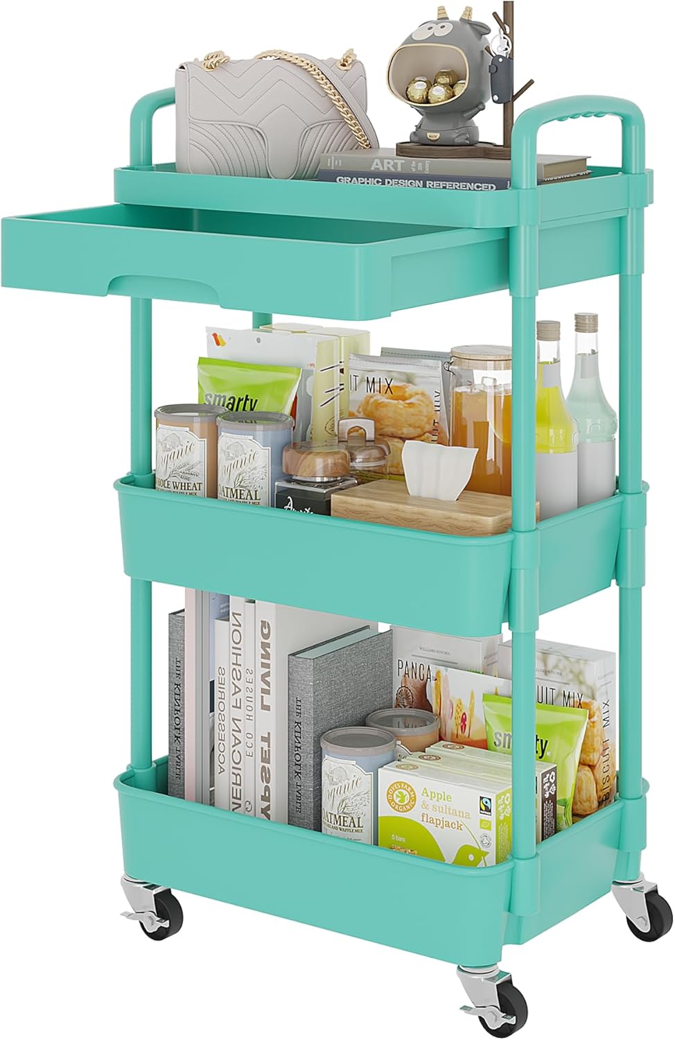 Calmootey 3-Tier Rolling Utility Cart with Drawer,Multifunctional Storage Organizer with Plastic