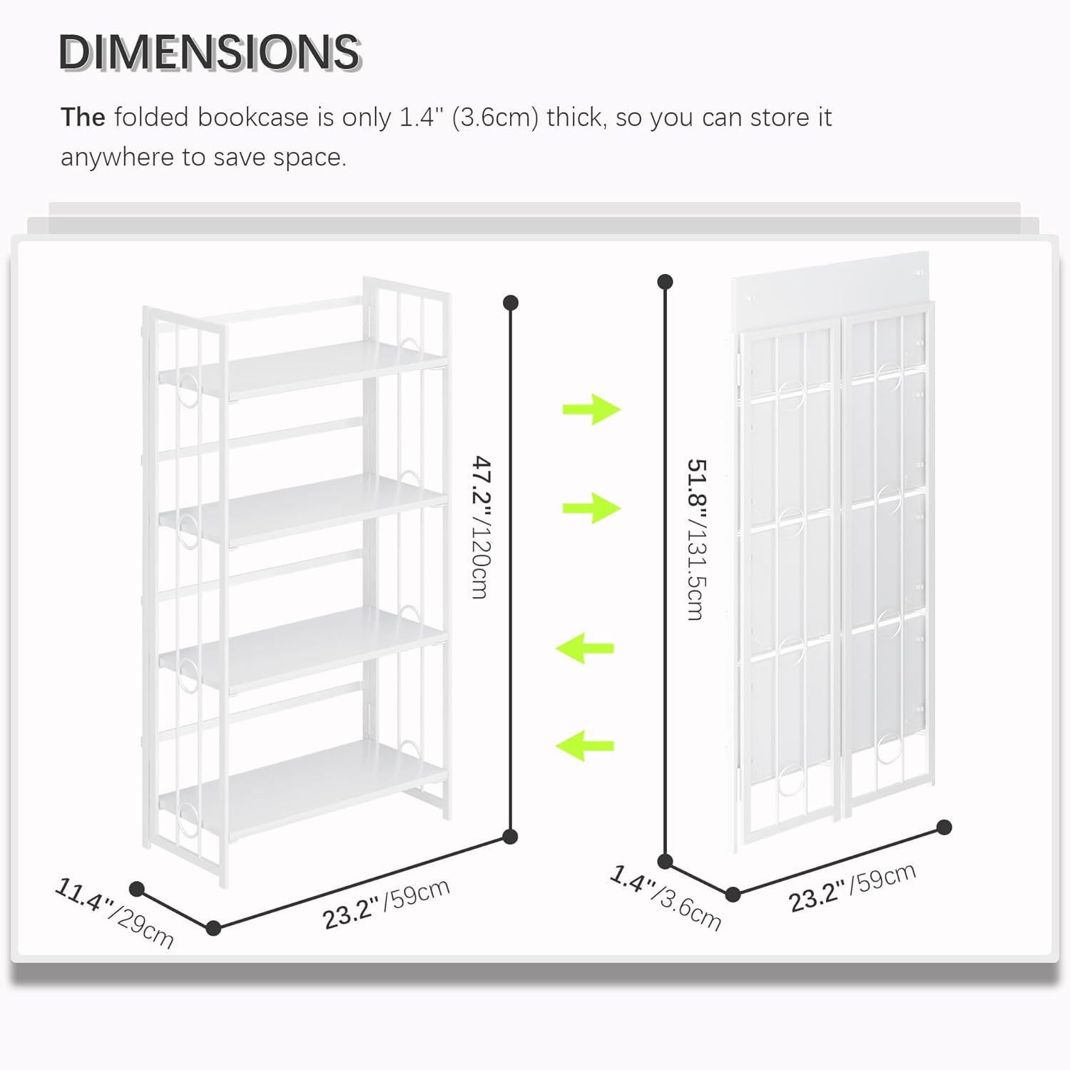 4NM No Assembly 4 Tiers Folding Bookshelf, 47.2" H Foldable Storage Shelves Vintage Bookcase