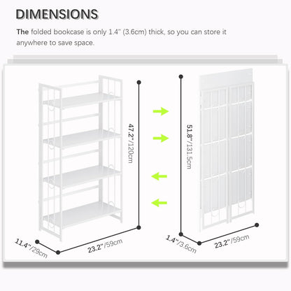 4NM No Assembly 4 Tiers Folding Bookshelf, 47.2" H Foldable Storage Shelves Vintage Bookcase