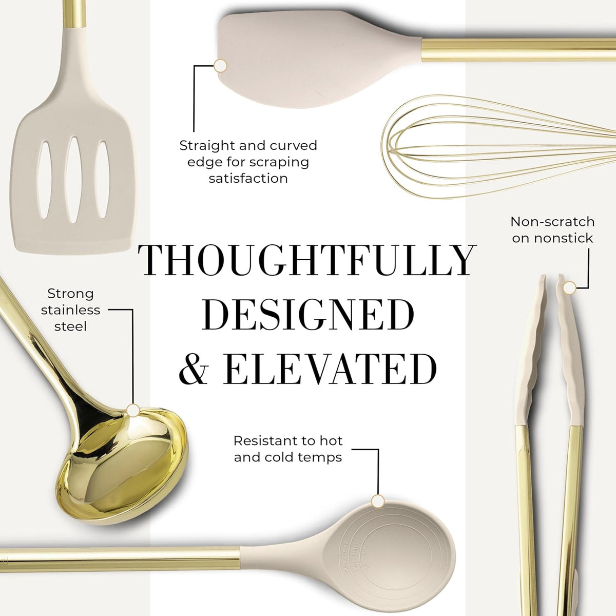 7-Piece Beige & Gold Kitchen Utensils Set – Non-Toxic Silicone & Stainless Steel Tools for Cooking