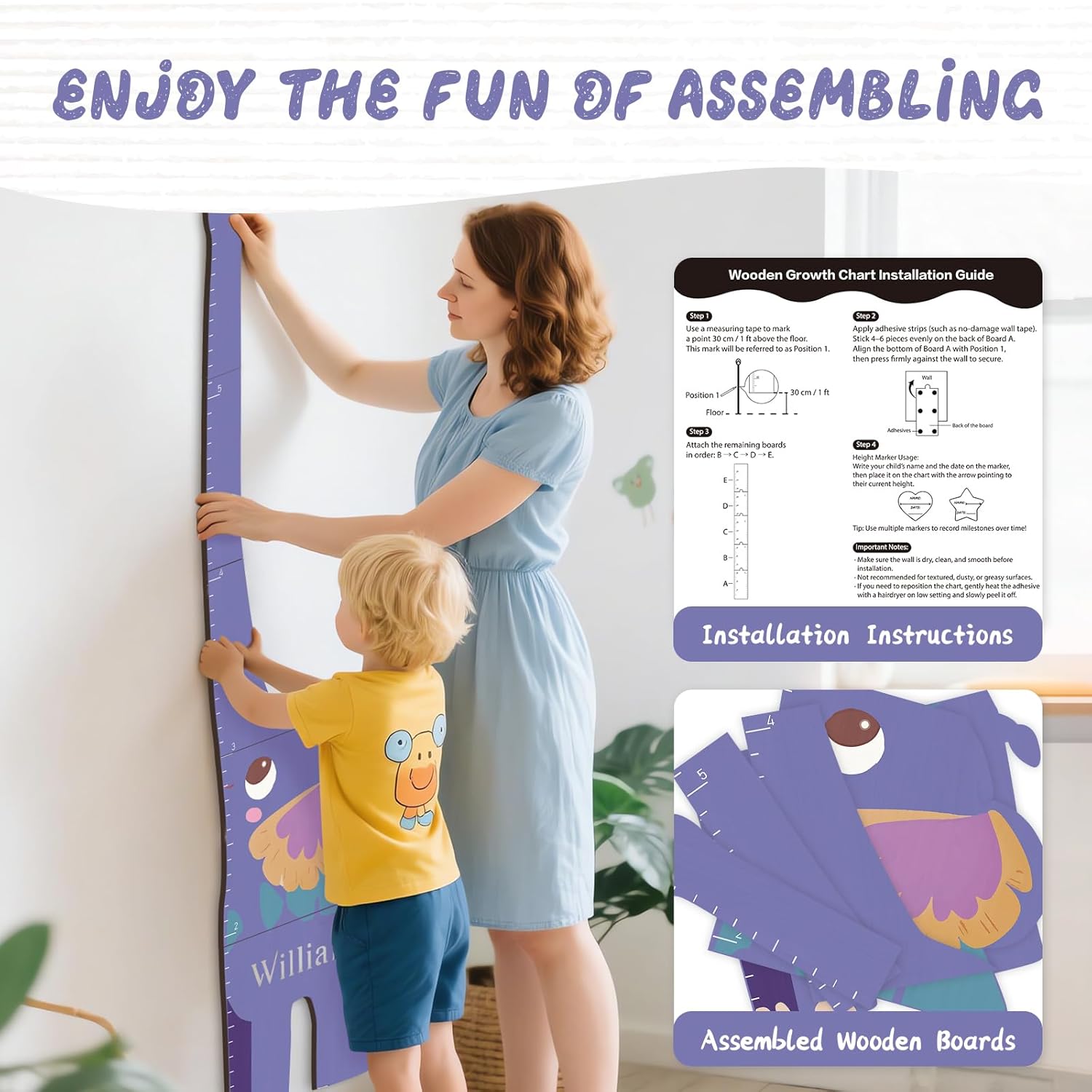 Personalized Name Growth Chart for Kids, Elephant Patchwork Wooden Height Chart for Wall Decor