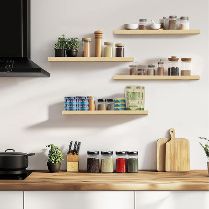 Floating Wall Shelves 4-Pack - Rustic Wood 16-inch Wooden Wall Shelves for Storage and Décor