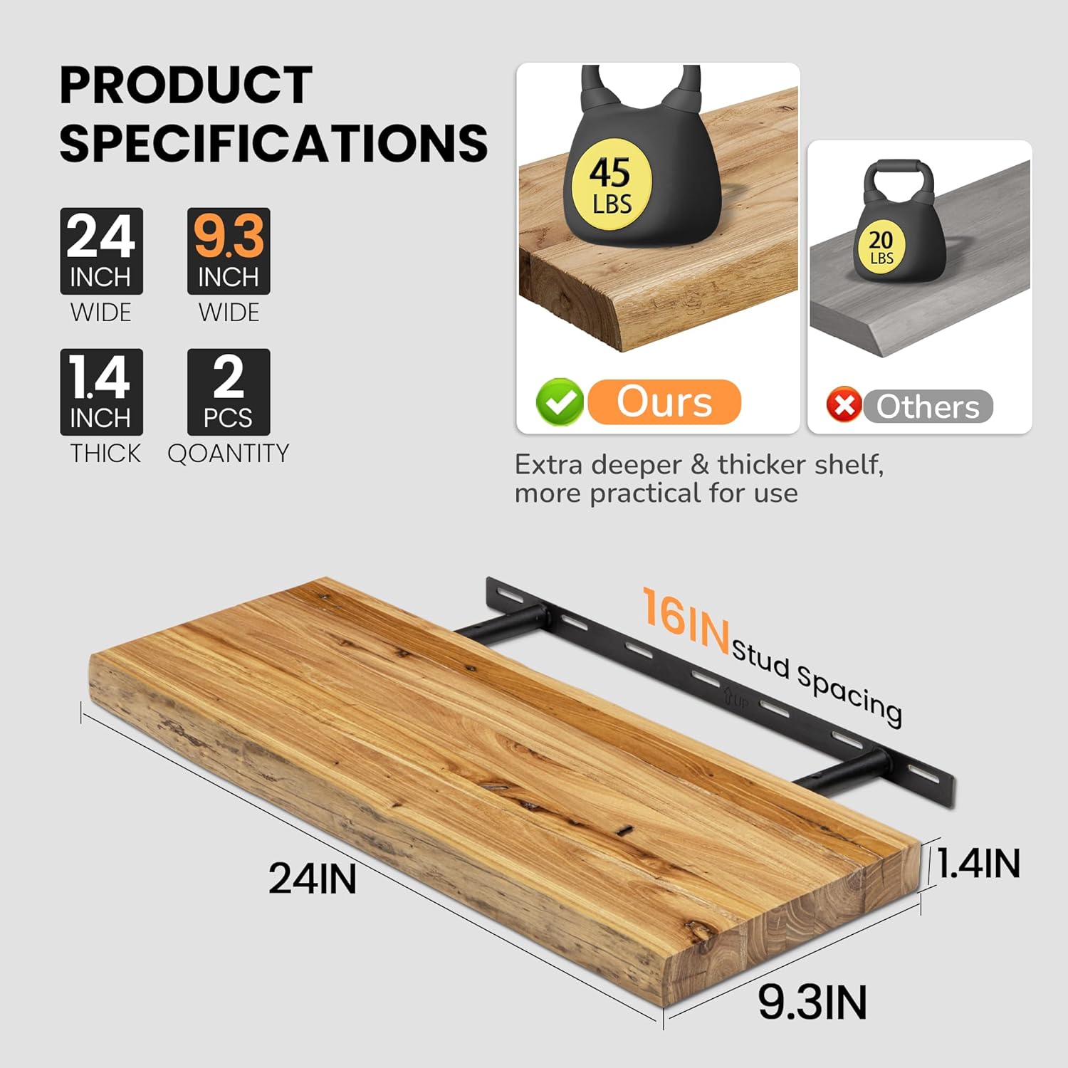 Floating Shelves for Wall, 24"x9.3" Rustic Solid Live-Edge Elm Wood Wall Shelves, Heavy-Duty