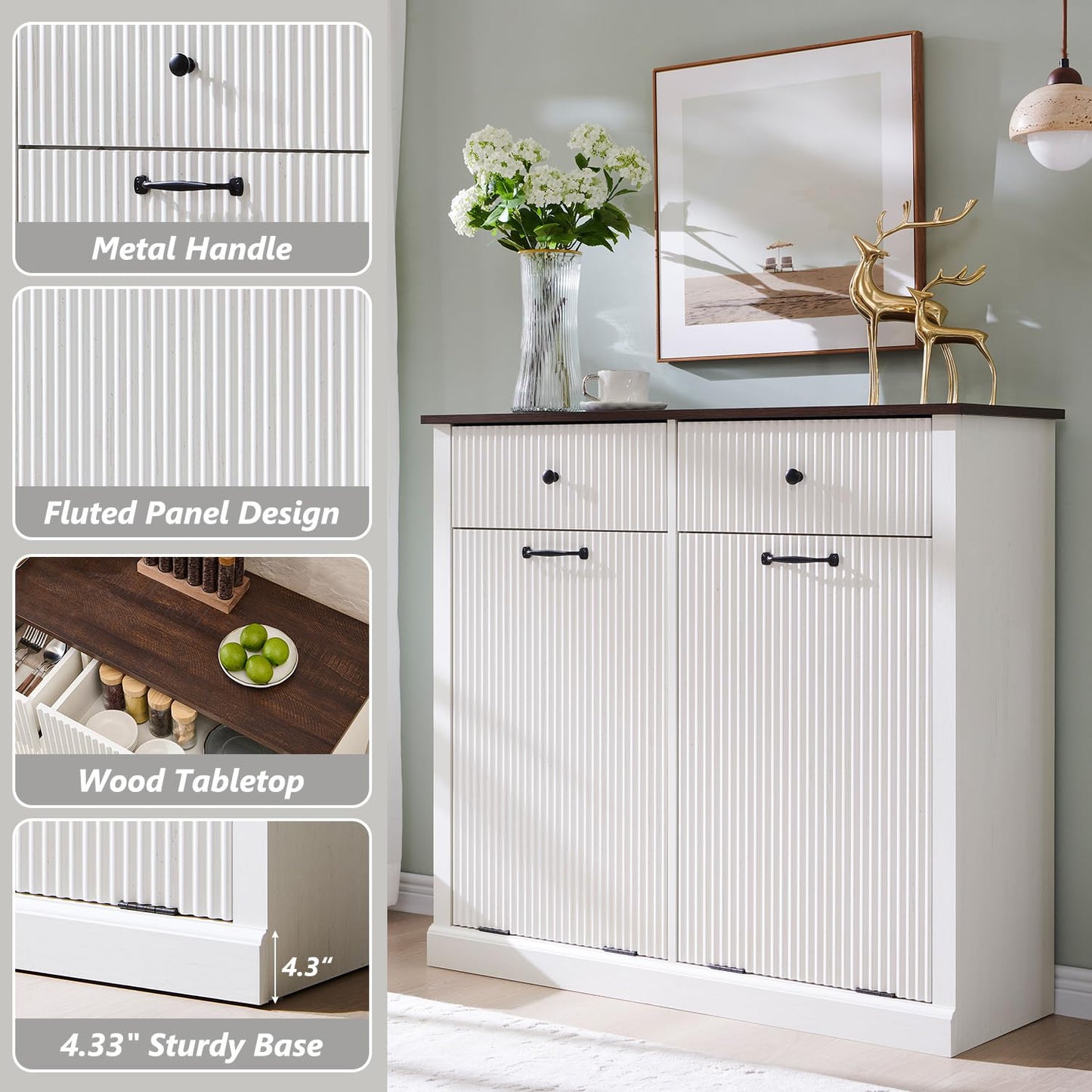 Modern Double Tilt-Out Trash Cabinet, 20 Gallon Fluted Laundry Hamper Cabinet w/2 Drawers, Wooden