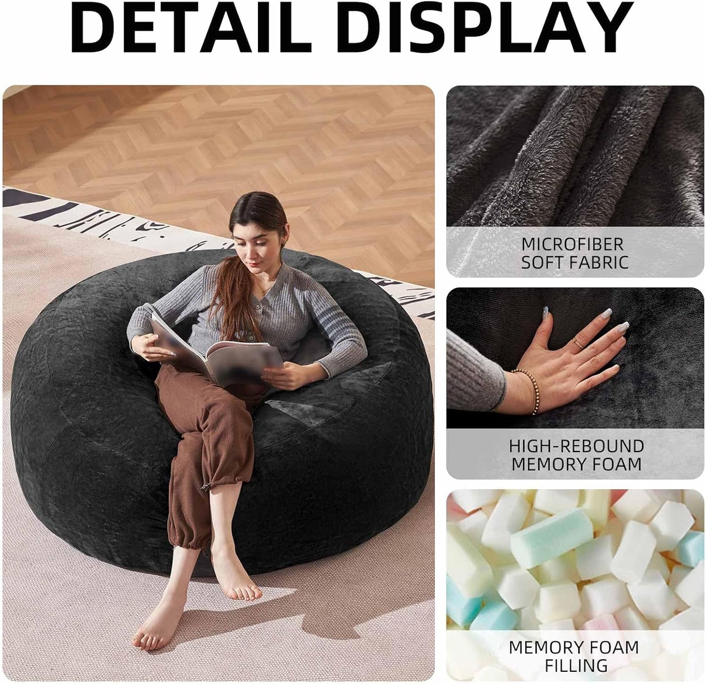 Bean Bag Chair 4Ft, Memory Foam Filled, Large Beanbag Chairs for Adults and Teens, Soft Sofa with