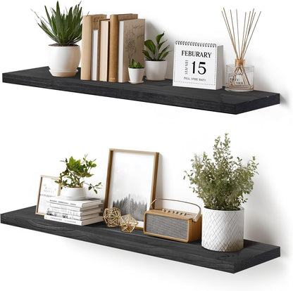 Floating Wall Shelves 2-Pack - 36-Inch Rustic Black Wooden Shelves for Storage and Décor, Easy