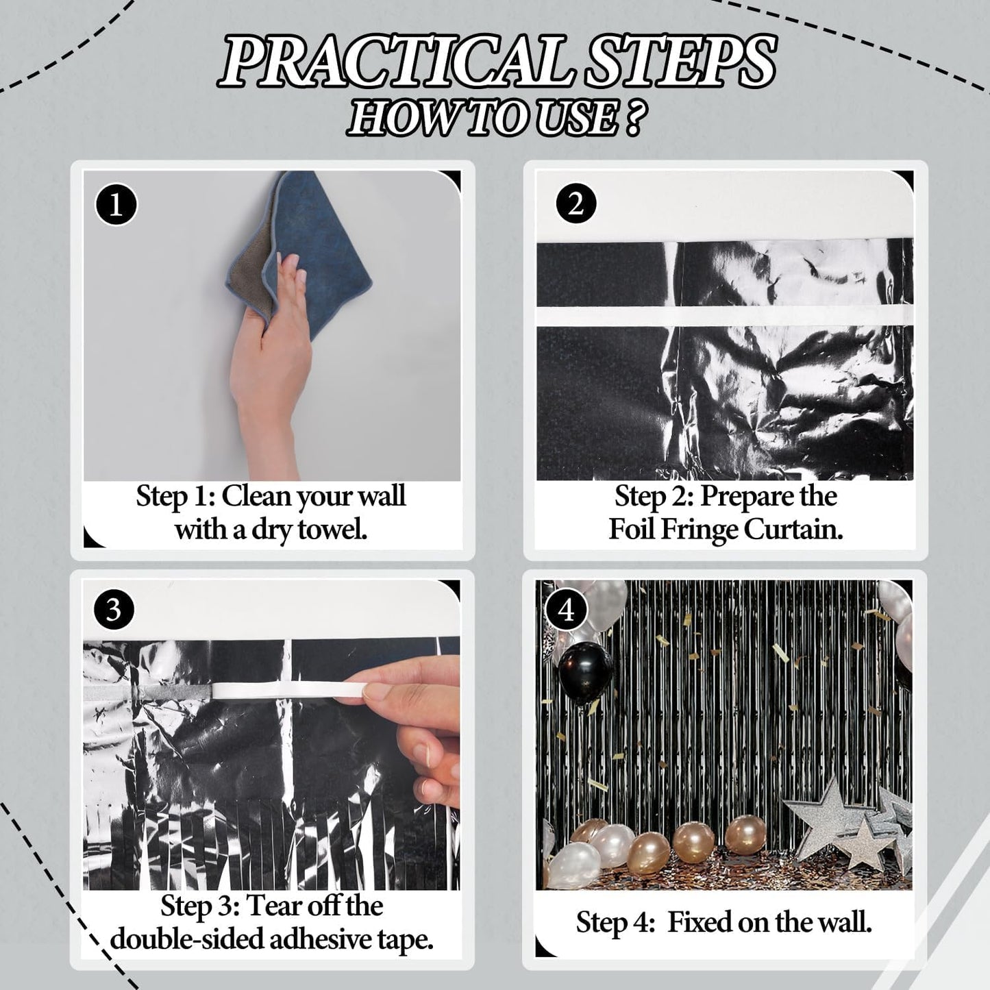 3 Pack Foil Fringe Backdrop - Laser Black Shiny Tinsel Curtains for Party Decoration/Photo Booth