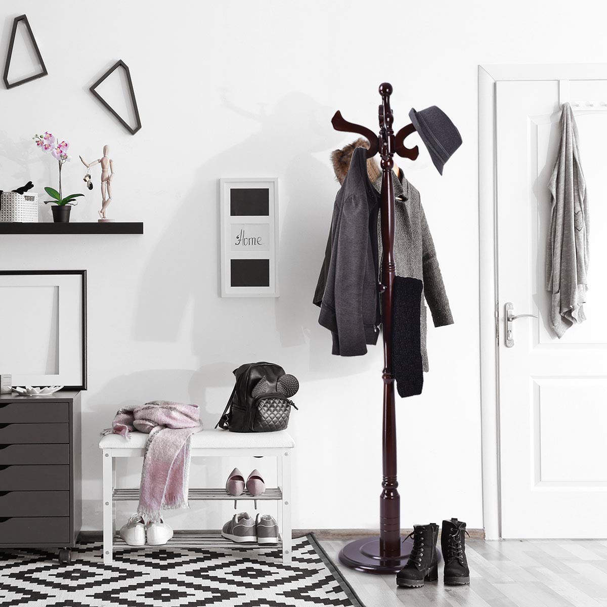 Tangkula 71" Free Standing Solid Wood Coat Hat Scarf Rack Hanger Tree Stand Home Furniture, Brown