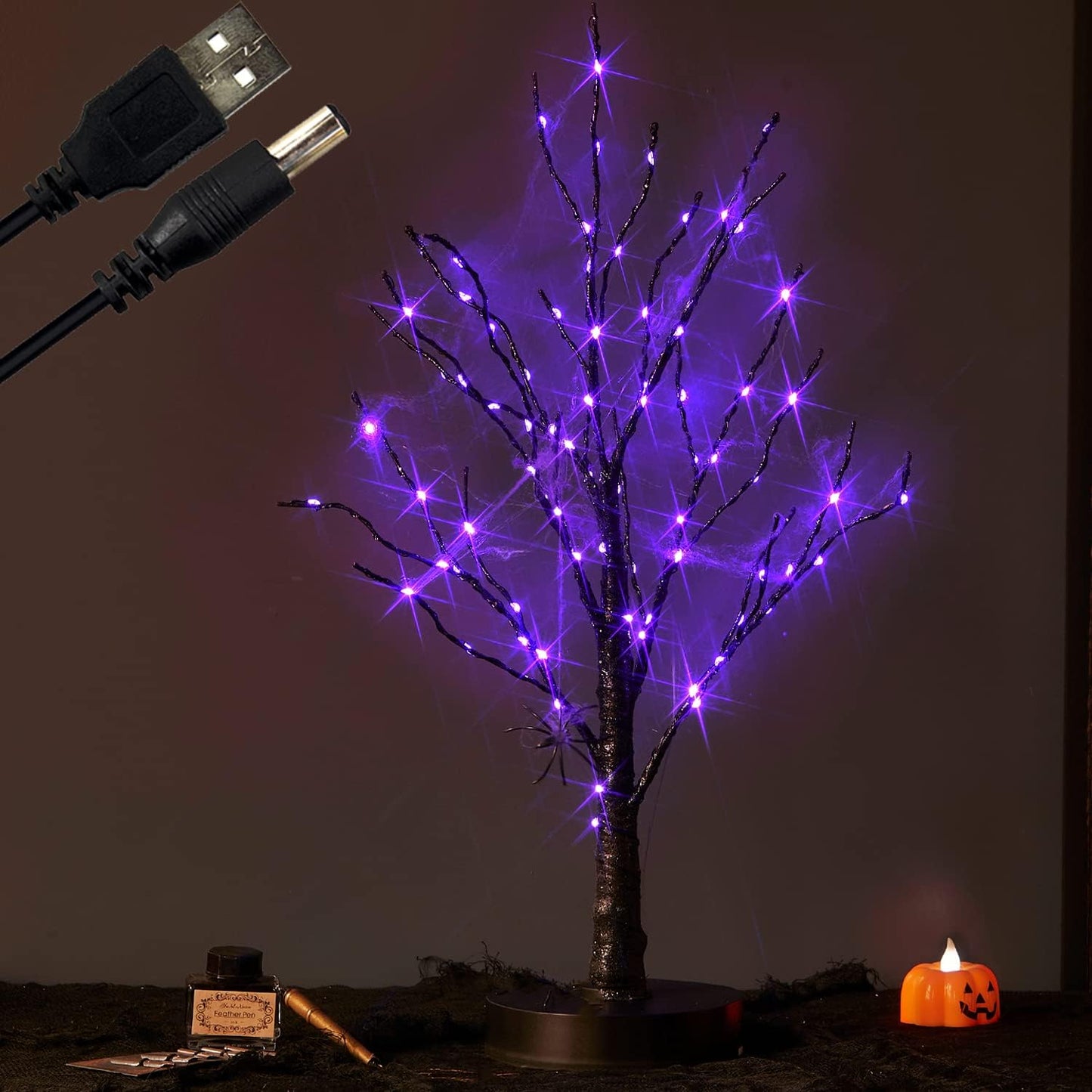 Fudios Lighted Halloween Tree with Timer 80 LED Purple Lights USB Plug or Battery Operated,18in