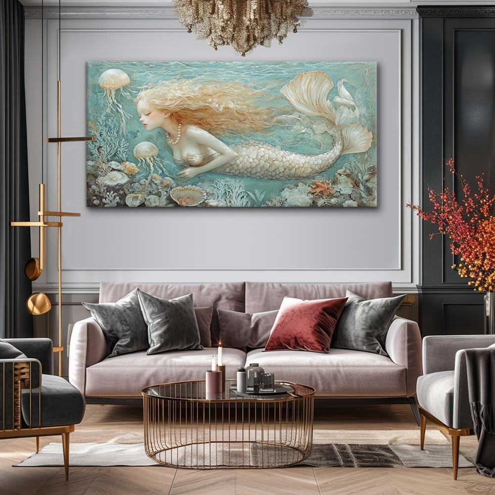 LASMOND Ocean Mermaid Wall Art for Girls Room Modern Canvas Prints Marine Organism Underwater World