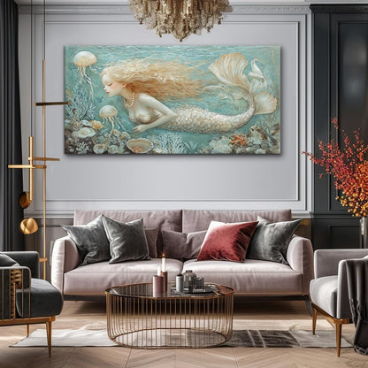 LASMOND Ocean Mermaid Wall Art for Girls Room Modern Canvas Prints Marine Organism Underwater World