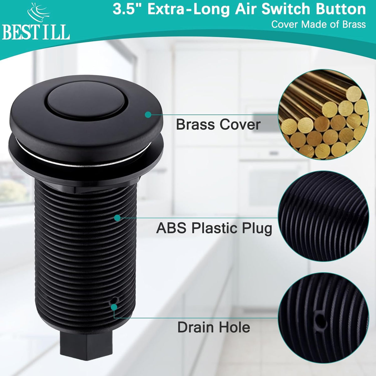 BESTILL Garbage Disposal Sink Top Air Switch Kit with Single Outlet, Matte Black 3.6" Long Push