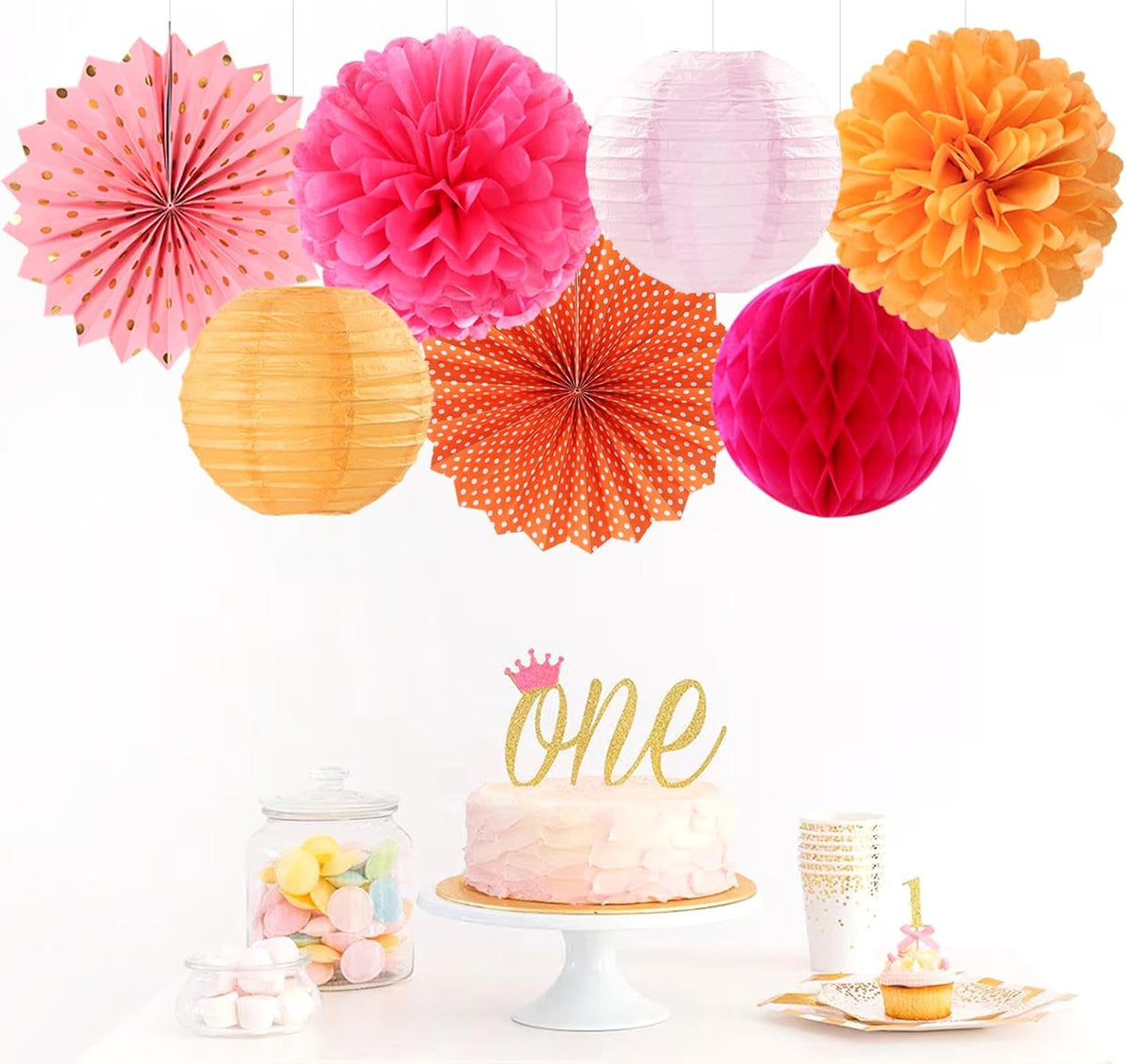 Hot-Pink Burnt-Orange Party-Decorations Streamers Lanterns - 14pcs Fall Birthday Baby Shower Paper