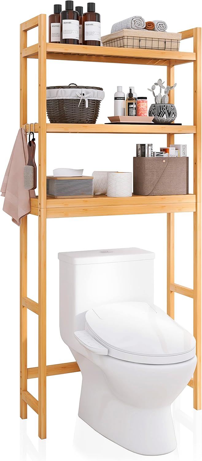 SMIBUY Bathroom Storage Shelf, Bamboo Over-The-Toilet Organizer Rack, Freestanding Toilet Space