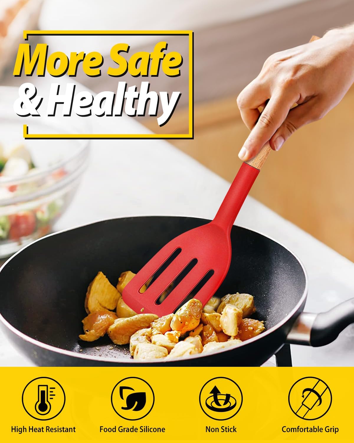 Pack of 2 Silicone Cooking Spatula, Heat Resistant Solid Turner, Non Stick Slotted Spatulas with