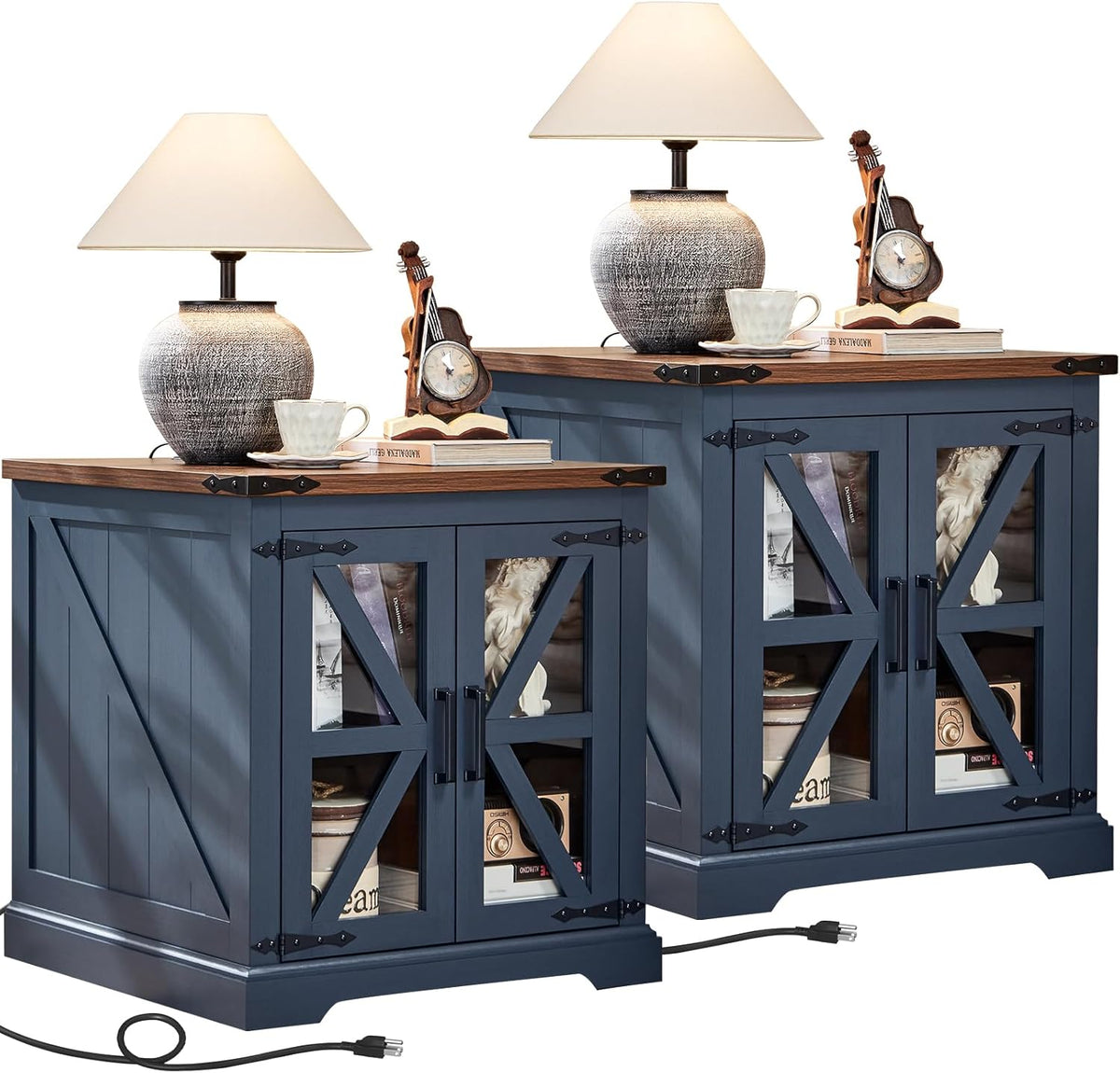 Farmhouse End Table Set of 2 with Charging Station, 24" Large Sofa Side Table with Glass Barn Door