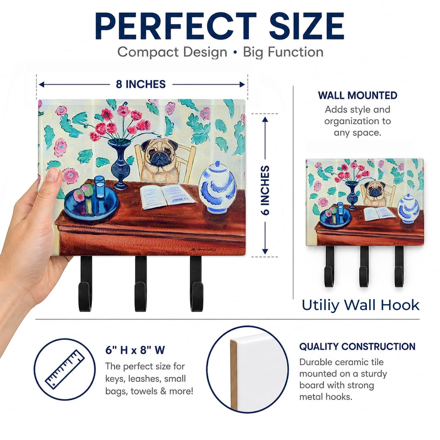 Caroline's Treasures 7253TH68 Pug Leash or Key Holder, Wall Hooks, Key Hooks Holder, Coat Rack Wall