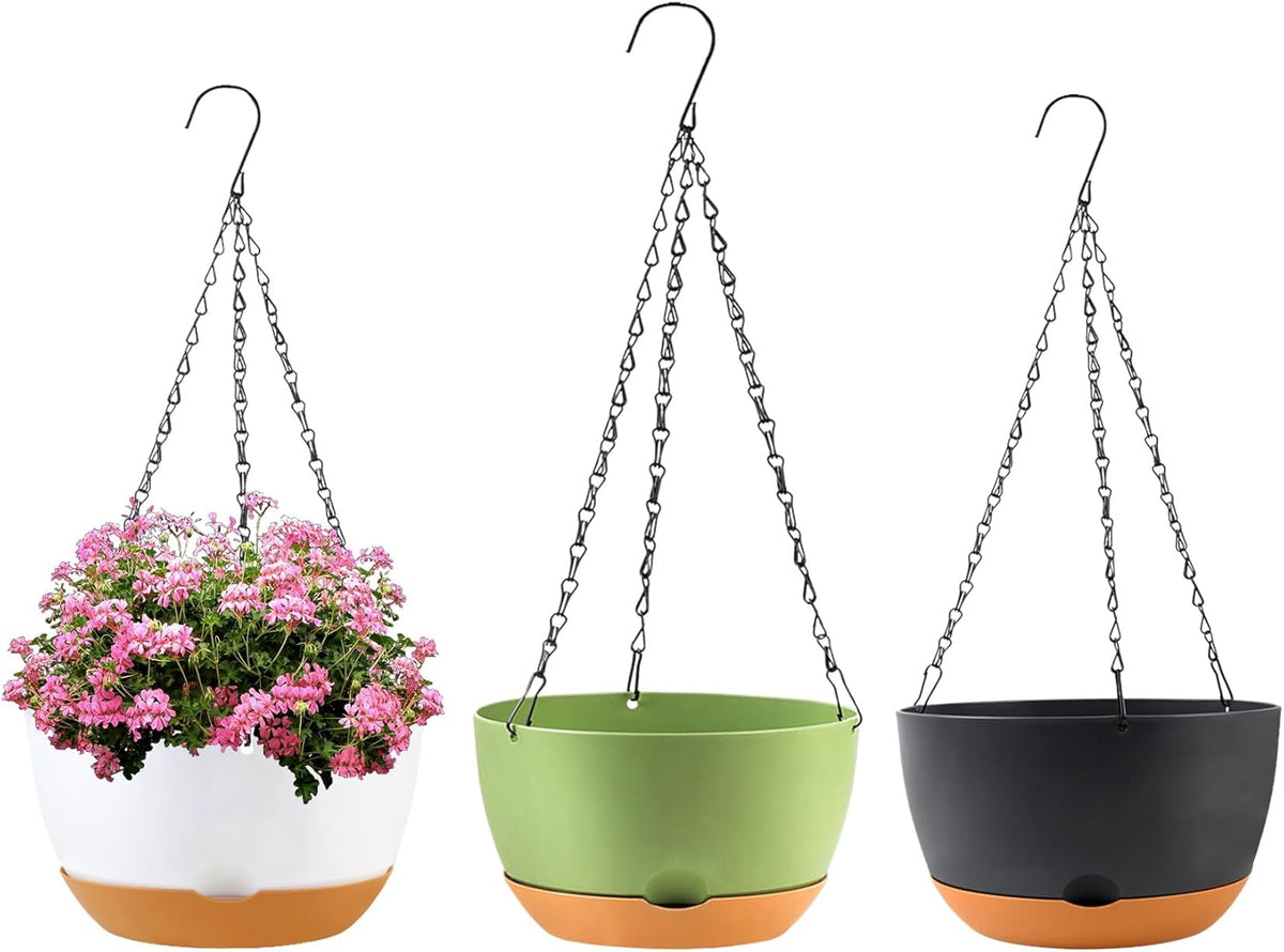 10 inch Hanging Planters for Indoor Outdoor Plants with Self-Watering Pots, 3 Pack Plastic Hanging