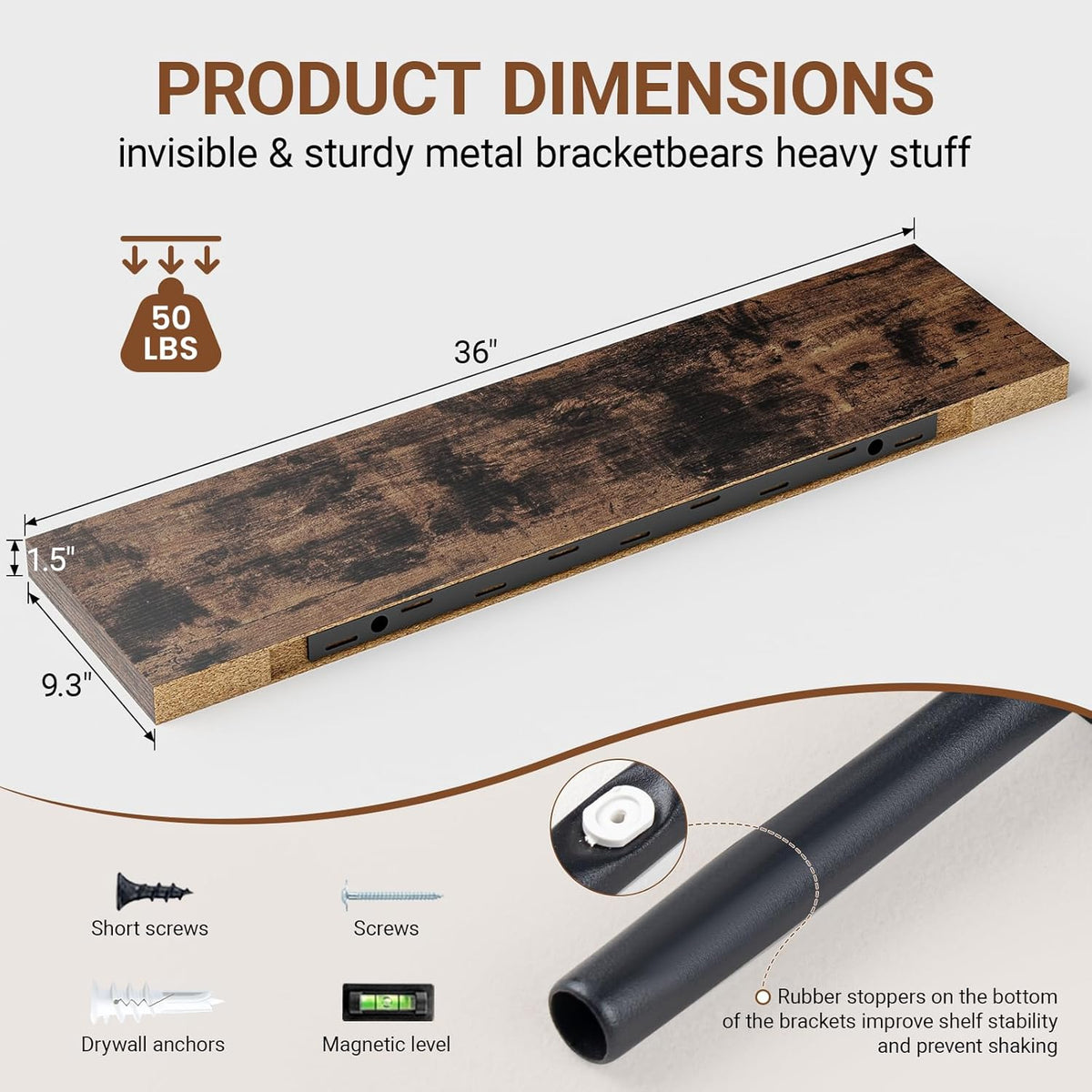 Floating Shelves for Wall 36 Inches Long,9.3" Deep Rustic Brown Floating Shelf Set of 2,Wall
