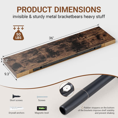 Floating Shelves for Wall 36 Inches Long,9.3" Deep Rustic Brown Floating Shelf Set of 2,Wall