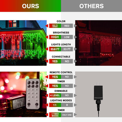 JMEXSUSS 400 LED Christmas Icicle Lights Outdoor, Red & Green Halloween Icicle Lights Clear
