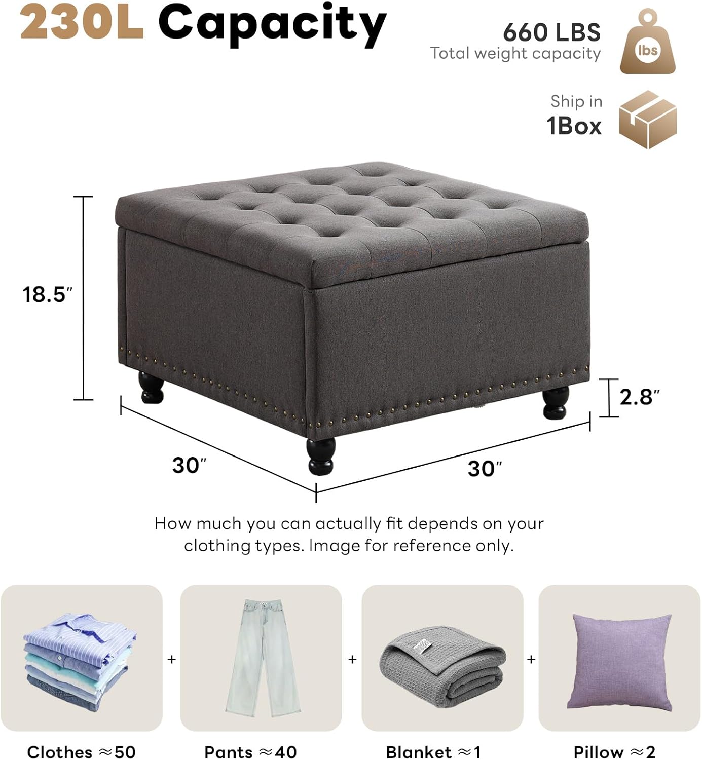 Tbfit Large Square Storage Ottoman Bench, Tufted Upholstered Coffee Table with Storage, Oversized