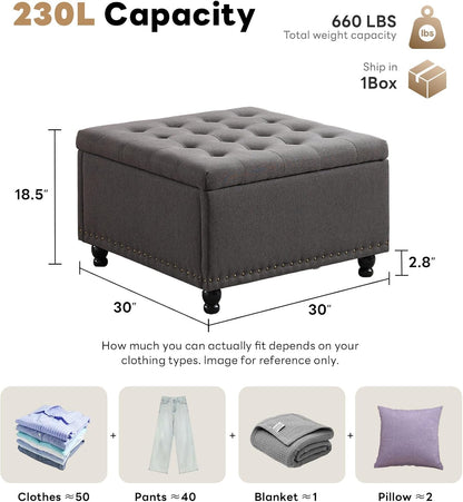 Tbfit Large Square Storage Ottoman Bench, Tufted Upholstered Coffee Table with Storage, Oversized