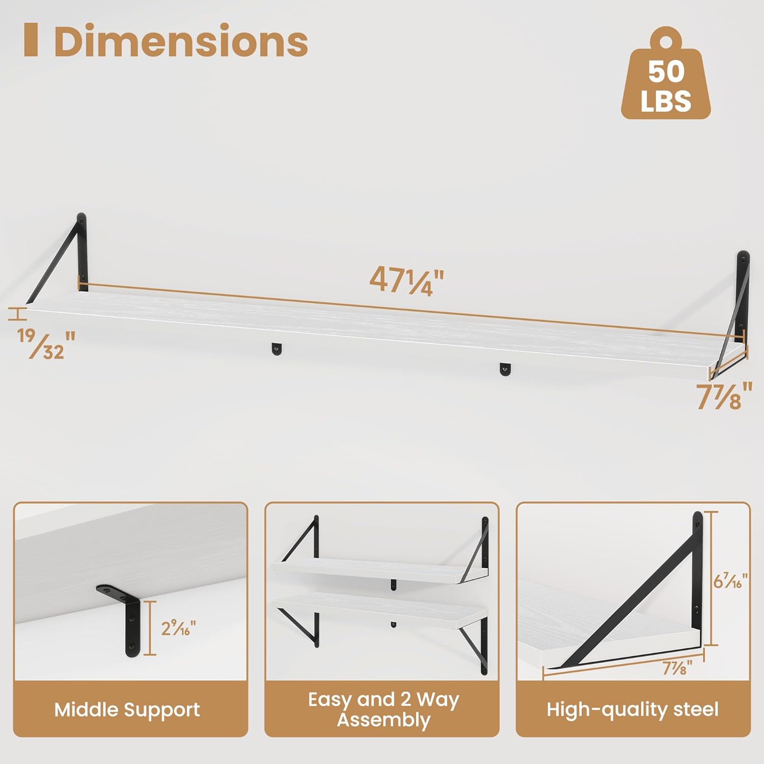 Heimlove 48 Inch Large Floating Bookshelves Set of 3,White Wall Mounted Bookshelves,Heavy Duty