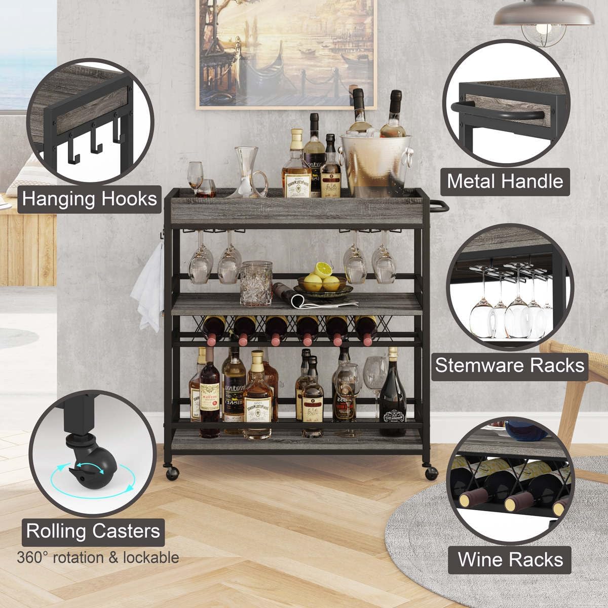 BON AUGURE Bar Cart, Home Bar Serving Cart on Wheels, Mobile 3 Tier Liquor Beverage Carts with Wine