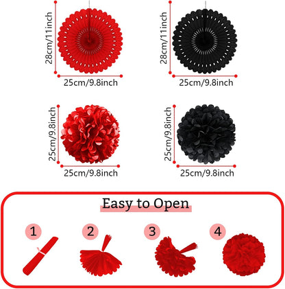 Red and Black Party Decorations, Papar Fans Pompoms Fans Garlands for Birthday Wedding Graduation
