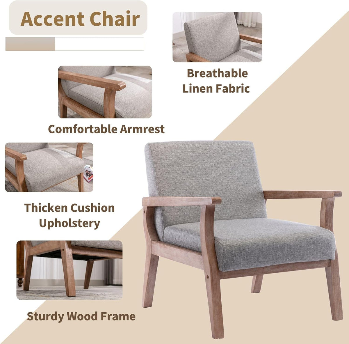 HNY Mid Century Modern Accent Chairs Set of 2 with Wood Frames, Linen Upholstered Living Room Arm