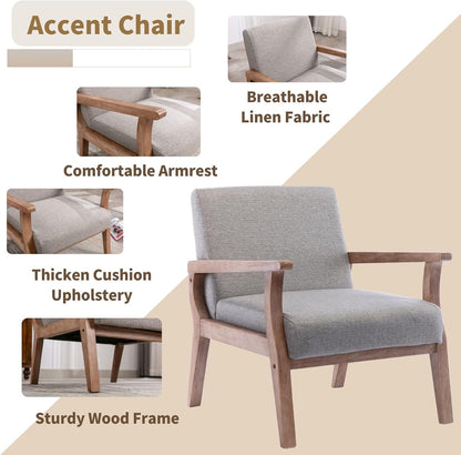 HNY Mid Century Modern Accent Chairs Set of 2 with Wood Frames, Linen Upholstered Living Room Arm