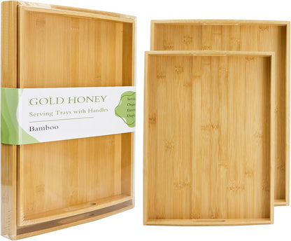 GOLD HONEY Bamboo Serving Tray with Handles Set of 2 - Decorative Wooden Tray for Living Room