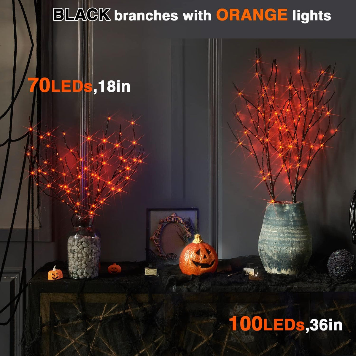 Fudios Halloween Lighted Branches with Timer 100 LED Orange Fairy Lights 32IN, Black Tree Branch