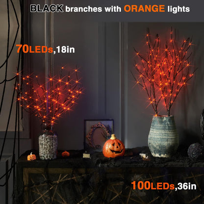 Fudios Halloween Lighted Branches with Timer 100 LED Orange Fairy Lights 32IN, Black Tree Branch