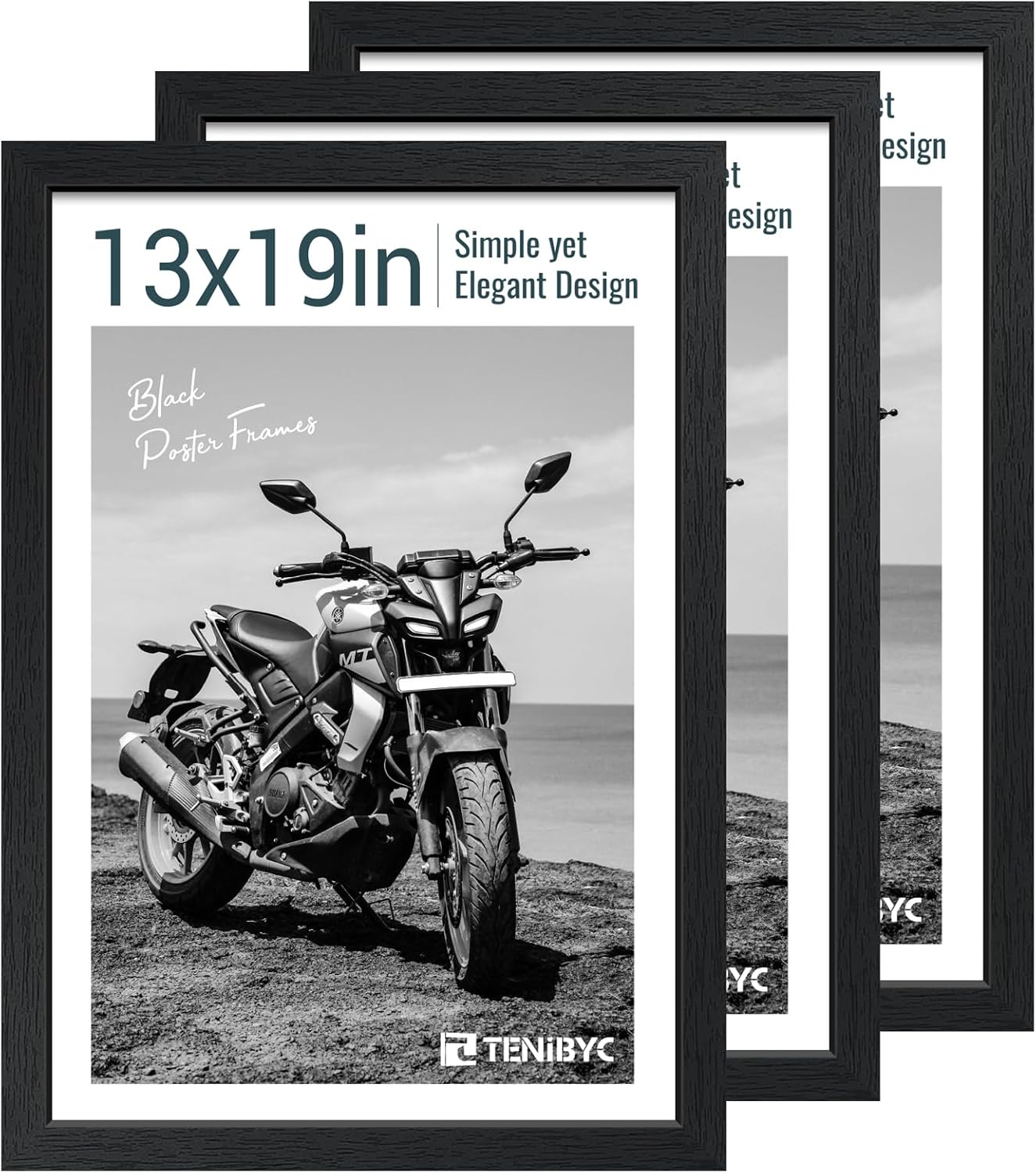 13x19 Picture Frame 3 pk, Textured Black Solid Wood Poster Frame, HD Tempered Glass, Wall Gallery