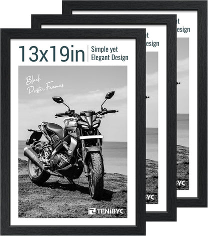 13x19 Picture Frame 3 pk, Textured Black Solid Wood Poster Frame, HD Tempered Glass, Wall Gallery