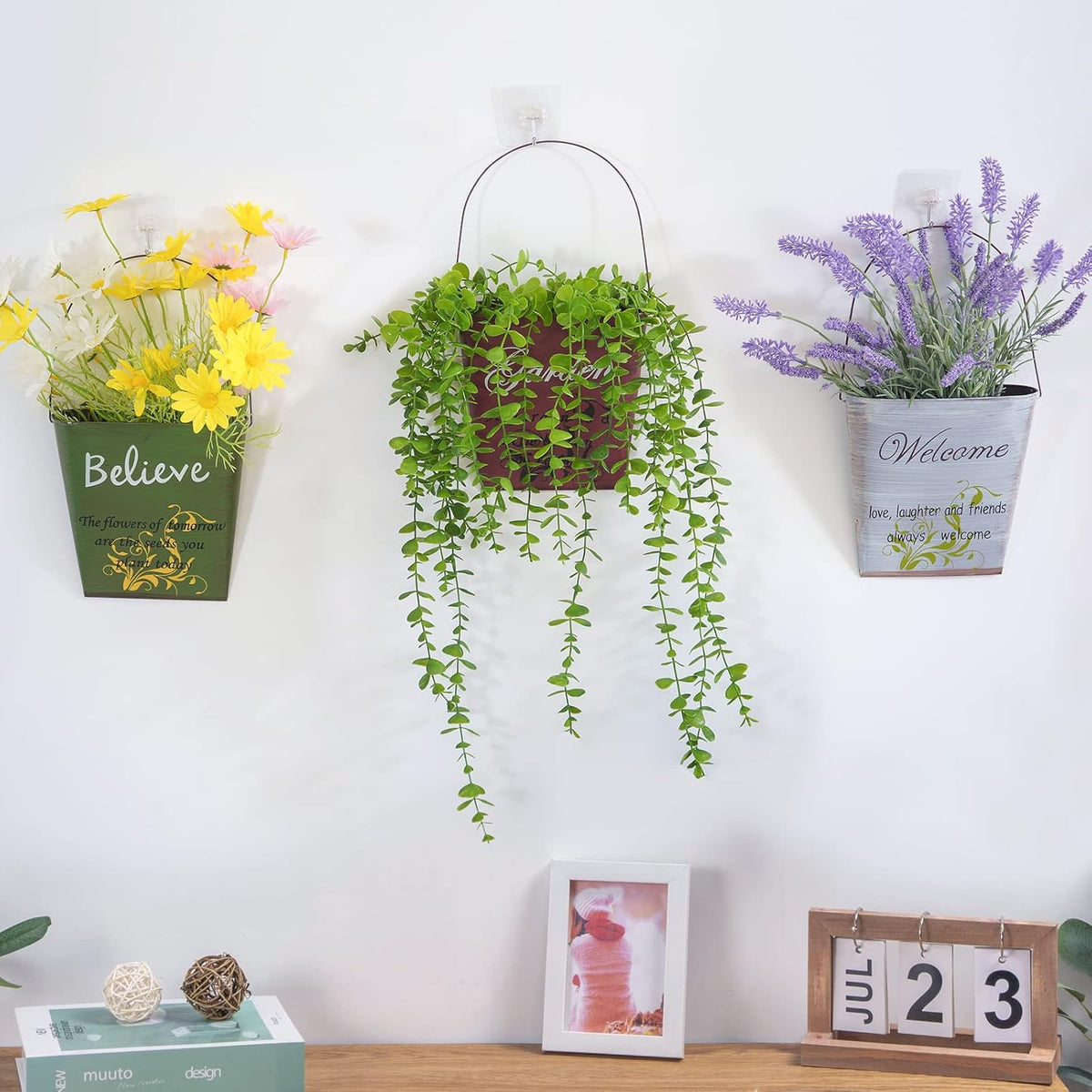 GDYOOSHOW 3Pcs 7.4" Tall Galvanized Metal Hanging Planter Rustic Wall Flower Bucket Echelon Wall