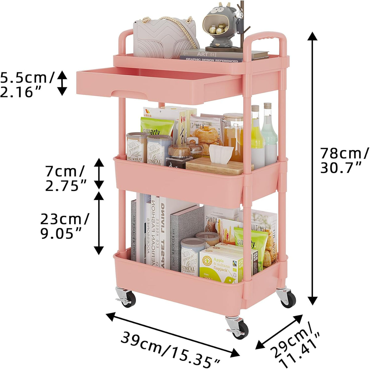 Calmootey 3-Tier Rolling Utility Cart with Drawer,Multifunctional Storage Organizer with Plastic