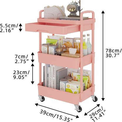 Calmootey 3-Tier Rolling Utility Cart with Drawer,Multifunctional Storage Organizer with Plastic