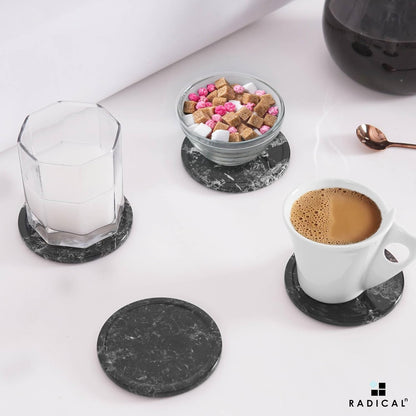 Marble Coasters Set of 6 Black 3.5 Inch Round Coaster for Drinks with Holder, Drink Coaster for