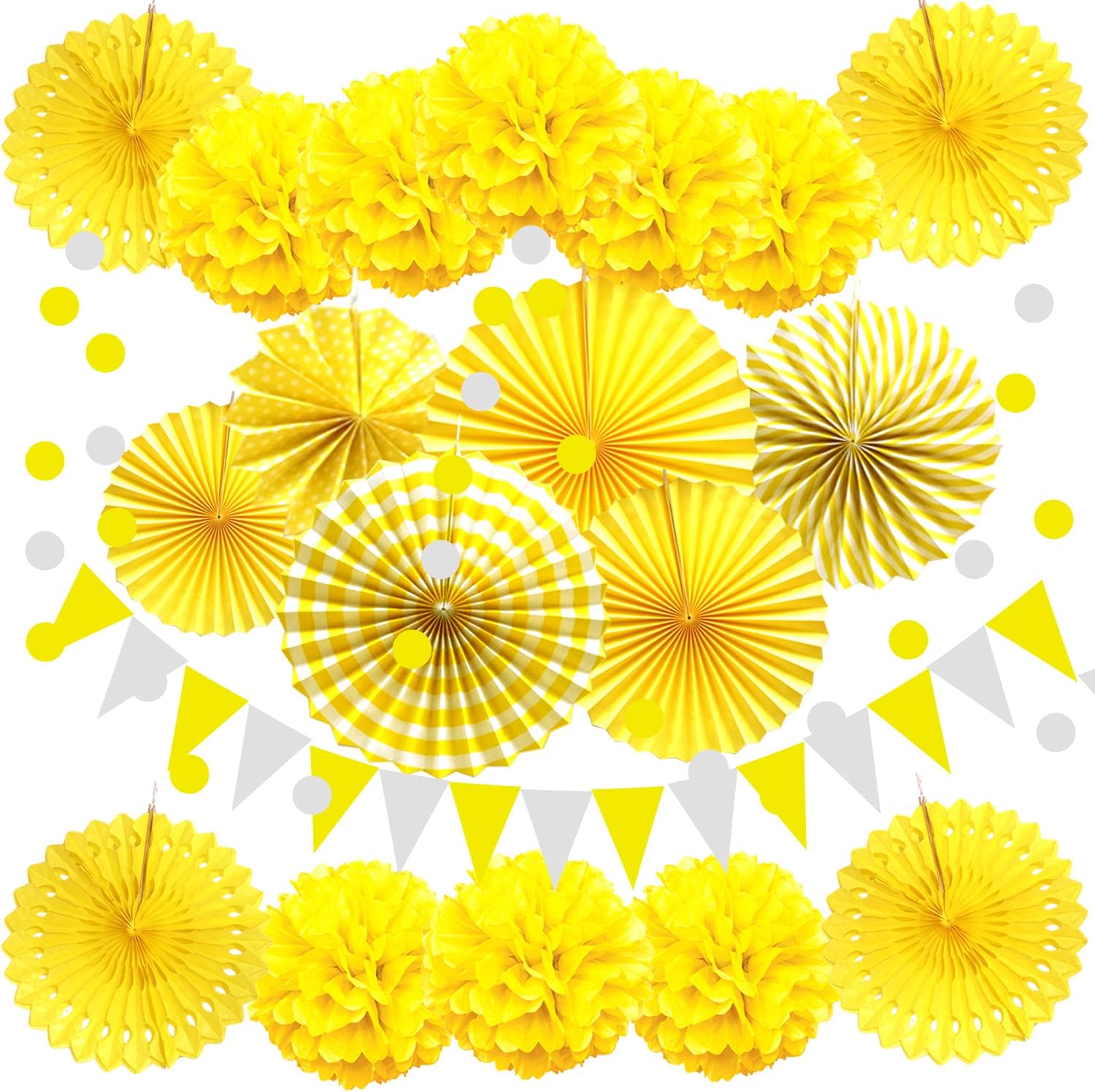 ZERODECO Party Decoration, 21 Pcs Yellow Hanging Paper Fans Pom Poms Flowers, Garlands String Polka
